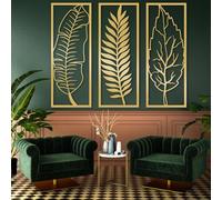 Metal Wall Art 3 Pcs Leaf Decor-Palm Leaf Art, Decor, Boho Decor, Flower Decor, Modern Art, Maximalist Decor, Decor Living Ro(30" x12"|76x29cm, Gold)