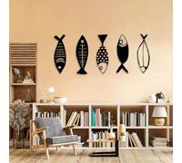 Metal Wall Art 5 Pcs Fish Wall Decor Minimalist Modern Fish Wall Decor Ocean Themed Nautical Coastal Living Room Bathroom Wall Hanging (Black 69"x29"/175x75cm)
