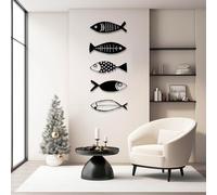 Metal Wall Art 5 Pcs Fish Wall Decor Minimalist Modern Fish Wall Decor Ocean Themed Nautical Coastal Living Room Bathroom Wall Hanging (Black 35"x15"/90x38cm)