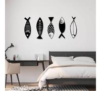 Metal Wall Art 5 Pcs Fish Wall Decor Minimalist Modern Fish Wall Decor Ocean Themed Nautical Coastal Living Room Bathroom Wall Hanging (Black 24"x10"/60x26cm)