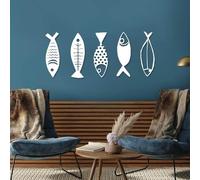 Metal Wall Art 5 Pcs Fish Wall Decor Minimalist Modern Fish Wall Decor Ocean Themed Nautical Coastal Living Room Bathroom Wall Hanging (White 30"x13"/76x32cm)