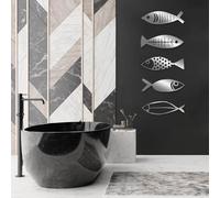 Metal Wall Art 5 Pcs Fish Wall Decor Minimalist Modern Fish Wall Decor Ocean Themed Nautical Coastal Living Room Bathroom Wall Hanging (Silver 59"x25"/150x64cm)
