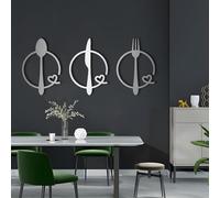 Metal Wall Art Big Fork Spoon Knife Set, Knife Spoon Fork Wall Decor, Kitchen Signs Wall Decor, 3 Pc Art Set, Modern Kitchen Decor, Dining Room Art (Silver, 57"X28"|145X71Cm)