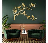 Metal Wall Art Decor for Living Room Modern Birds on a Branch Metal Wall Decor, Bird, Branch Wall Decor, Flock of Birds, Nature Wall Decoration, Wall Hanging, Farmhouse Wall Hanging (Gold, 24"x19"/