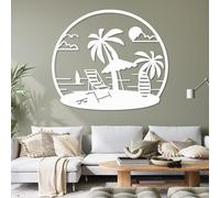 Metal Wall Art Decor Hanging Wall Sculptures Tropical Palm Tree Beach Palm Tree Reclining Chair And Surfboard For Living Room Bedroom White 28" X 24" 70 X 60 Cm