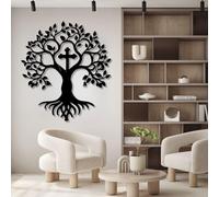 Metal Wall Art Tree and Cross, Metal Wall Art Trees of Life, Cross Decor for Livingroom, Bedroom for Living Room, Bedroom, Hallway and Stairs Nature Home Decor Gift(Black, 35"x32"/90x81