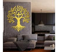 Metal Wall Art Tree and Cross, Metal Wall Art Trees of Life, Cross Decor for Livingroom, Bedroom for Living Room, Bedroom, Hallway and Stairs Nature Home Decor Gift(Gold, 39"x36"/100x90