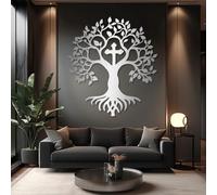 Metal Wall Art Tree and Cross, Metal Wall Art Trees of Life, Cross Decor for Livingroom, Bedroom for Living Room, Bedroom, Hallway and Stairs Nature Home Decor Gift(Silver, 35"x32"/90x8