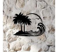 Metal Wall Art Tropical Palm Trees And Ocean Waves - Vintage Wrought Iron Decor For Poolside, Sunroom, Beach House & Island Resor(40CM/16INCH)