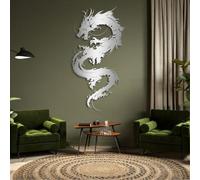 Metal Wall Art Wall Decor Dragon, Dragon Decor, Mythical for Living Room, Bedroom, Game Room, Man Cave (Silver,30" H x 16" W / 76x40cm)