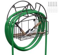 Metal Wall Mount Garden Hose Holder,Heavy Duty Water Hose Holder with Tool Storage Basket,Metal Hose Organizer Holds Up to 150Ft,Decorative Hose Hanger for Outside Yard,Garden