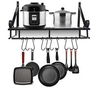 Metal Wall Mounted Pan Pot Rack, Hanging Kitchen Storage Organizer Kitchen Utensils Hanging Shelf with 10 Hook Holders 2 in 1 Antirust for Storing Pan Pot and Hanging Cutter Spoon Slice, 45 cm(Black)