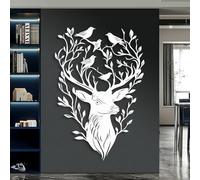 Metal White Tree Branch Deer Wall Art, Metal Wildlife Outdoor Nature Art Wall Decor, Deer Artwork Decoration Modern Sculpture for Living Room,Bedroom Hallway and Stairs Nature Home Decor (