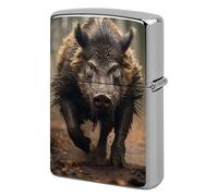 Metal Wild Boar Photos Lighter Case Windproof Flip Top Lighter Sleeve Double Sided Vintage Cool Cigarette Pouch Holder Reusable Pocket Protective Cover Men Gifts for Boyfriend Husband