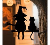 Metal Witch Garden Ornaments Halloween Decoration,Witches Cats on Branch Silhouette Patio Stump Inserts Sign,Outdoor Statues Stake Wall Art Patio Peaking Decoration Ornaments Tree Cutout (B, 25cm)