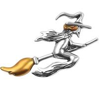 Metal Witch Riding Broom Flight Oil Painted Yellow with Magic Hat Halloween Brooch Jewelry Gift Silver Convenient Handled