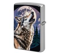 Metal Wolves Howl at The Moon Lighter Case Windproof Flip Top Lighter Sleeve Double Sided Vintage Cool Cigarette Pouch Holder Reusable Pocket Protective Cover Men Gifts for Boyfriend Husband