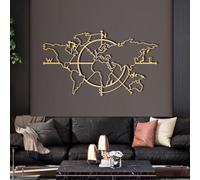 Metal World Map Compass Wall Art, Metal Airplane Travel Artwork Decoration, Compass World Map Home Decor for Living Room,Bedroom Hallway and Stairs Nature Home Decor Gift (Gold 30Lx17W)