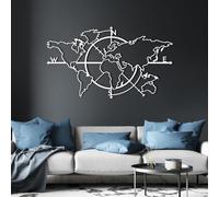 Metal World Map Compass Wall Art, Metal Airplane Travel Artwork Decoration, Compass World Map Home Decor for Living Room,Bedroom Hallway and Stairs Nature Home Decor Gift (White 24Lx14W