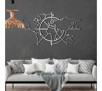 Metal World Map Compass Wall Art, Metal Airplane Travel Artwork Decoration, Compass World Map Home Decor for Living Room,Bedroom Hallway and Stairs Nature Home Decor Gift (Sliver 24Lx14