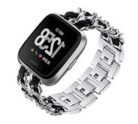 Metall mit Leder Armbänder für Fitbit Sense 2/Versa 4 - Damen Edelstahl Ersatzarmband Kompatibel mit Fitbit Sense 2/Versa 4