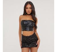 Metallic Bandeau Twist Detail Crop Top And Sequin Mini Bodycon Skirt Co-Ord Set In Black, Women's Size UK Medium M