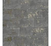 Rasch Charcoal Grey Concrete Brick Wall Distressed Stone Metallic Wallpaper