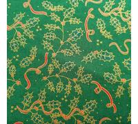 Metallic Christmas Fabric - Holly Leaves & Ribbons on Green, Navy, Cream. Baubles and Snowflakes Design. Festive Pinecones and Xmas Trees - 100% Cotton (Holly Green, Two Metres)