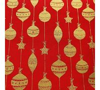 Metallic Christmas Fabric - Holly Leaves & Ribbons on Green, Navy, Cream. Baubles and Snowflakes Design. Festive Pinecones and Xmas Trees - 100% Cotton (Metallic Baubles Red, Half Metre)