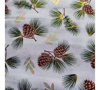 Metallic Christmas Fabric - Holly Leaves & Ribbons on Green, Navy, Cream. Baubles and Snowflakes Design. Festive Pinecones and Xmas Trees - 100% Cotton (Metallic Pinecones, Metre)