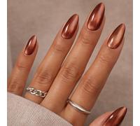 Metallic Copper Medium Almond Press on Nails - Salon Quality Glossy False Nails with 16 Sizes & Multi-Tool for Easy DIY Manicure at Home, Reusable, Natural Look, Acrylic Art, Oval Shaped, Long
