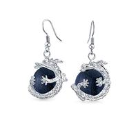 Metallic Crystal Celestial Blue Goldstone Round Ball Dangle Wrapped Orb Chinese Asian Dragon Earrings For Women Teen