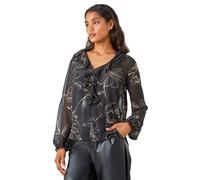 Metallic Floral Print V-Neck Ruffle Top Roman Black 10