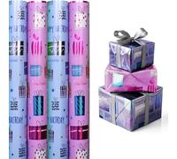 Metallic Foil Effect Wrapping Paper Male & Female Pack of 4 x 1.5 Meter Roll, in Blue & Pink - Ideal for Any Special Occasion, Wedding or Birthday Present, Festive Decoration, Party etc.