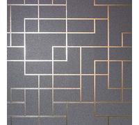 Metallic Foil Square Geometric Wallpaper Charcoal Rose Gold Fine Decor Platinum from YöL