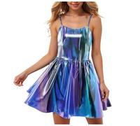Metallic Glitter Dress Women's Sleeveless WetlookAlien Costume Summer Ruffle Edge Sleeve Dresses HolographicMetallic Shiny Glitter Skirt Mini Dress Party Carnival NewYear's Eve (11-Blue, XXL)