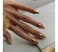 Metallic Gold False Nails Almond, SXVME Chrome Press On Nails Medium, Glazed Shine Acrylic Fake Nails with Mirror Effect for Women Daily & Party Wear 24 Pcs