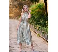Metallic High Neck Tie Waist Midi Dress Finding Friday Gold 14