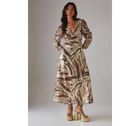 Metallic Jacquard Ruched Sleeve Plunge Neck Bias Midi Dress Warehouse Zebra 10