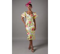 Metallic Jacquard Volume Sleeve Midi Dress Coast Yellow 10