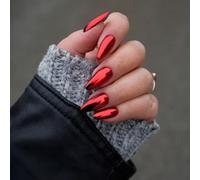 Metallic Orange Red False Nails Almond, SXVME Chrome Press On Nails Medium, Glazed Shine Acrylic Fake Nails with Mirror Effect for Women Daily & Party Wear 24 Pcs