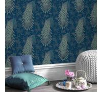 METALLIC PEACOCK RASCH WALLPAPER FEATURE DESIGN BLUE AND GOLD 215700