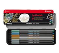 Metallic Premium Felt Tip Pen - STABILO Pen 68 metallic - Metal case of 6 - Assorted colours with Hanging Loop
