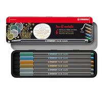 Metallic Premium Felt Tip Pen - STABILO Pen 68 metallic - Metal case of 6 - 2 x silver, 1x each gold, copper, metallic blue, metallic green