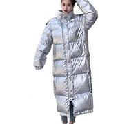 Metallic Puffer Jacket Women Thicken Warm Winter Coat Hood Down Coat Reflective Outdoor Overcoat Long Jacket Outwear,Silver,XXL/180CM(85KG)