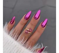 Metallic Purple False Nails Almond, SXVME Chrome Press On Nails Medium, Glazed Shine Fake Nails with Mirror Effect, Acrylic Stick on Nails for Women Daily & Party Wear