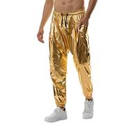 Metallic Shiny Jogger Sweatpants Mens, Disco Party Elasticated Waist Trousers Drawstring Casual Trousers Mens Night Club Metallic Gold Suit Pants/Straight Leg Trousers Performance Pants S-3Xl