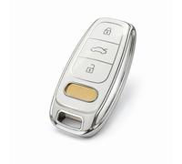 Metallic Silver Glossy Key Fob Protective Cover with Gold Accent Button - Compatible for Audi A6 A7 A8 Q7 Q8 S6 S7 S8 RS6 RS7 SQ7 RSQ8 Avant Allroad Models Guard Against Scratches and Minor Impacts