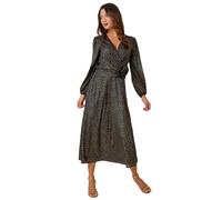 Roman Originals Metallic Star Print Corsage Midi Wrap Dress for Women UK - Ladies Everyday Autumn Winter V-Neckline Comfy Soft Evening Vacation Work Party Night Out - Black - Size 14