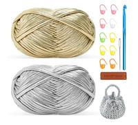 Metallic T-Shirt Yarn for Crocheting 2x100g Chunky Crochet Tshirt Yarn with 7mm Hook, Perfect for Crocheting Bags/Baskets/Rugs/Home Decor, Beginner Friendly Elastic Fabric for DIY Crafts